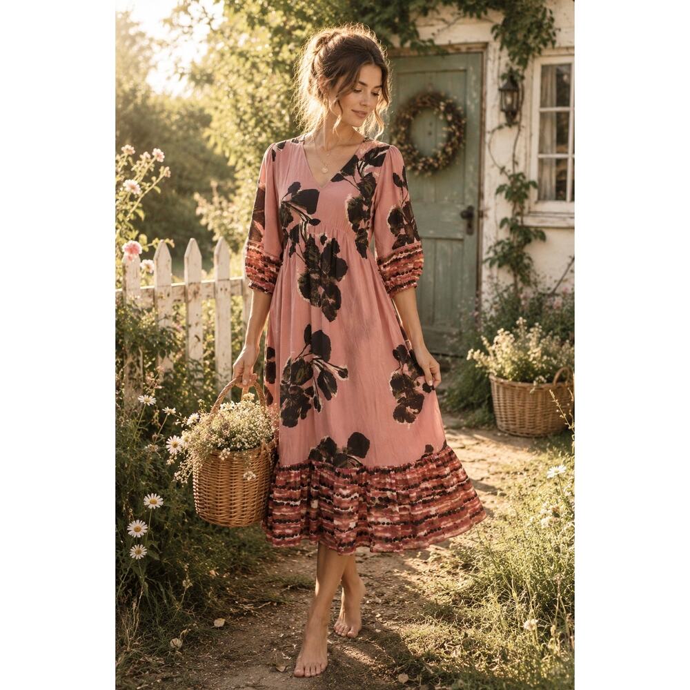 Pink Boho Cottagecore Maxi Dress Sz S Romantic English Garden Floral Feminine